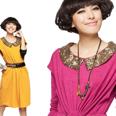 薇蓮掐腰金色領純色連衣裙