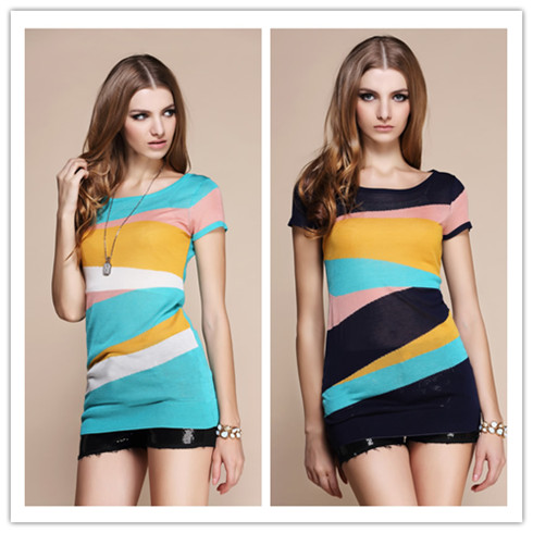 城市部落英倫風(fēng)短袖圓領(lǐng)修身中長款針織T恤