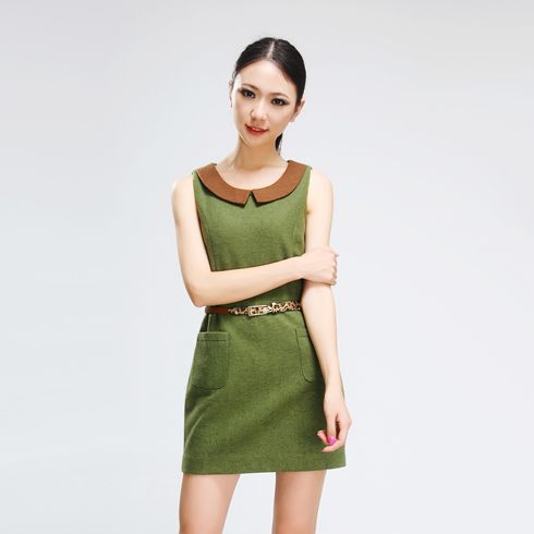 城市部落草綠色無(wú)袖連衣裙