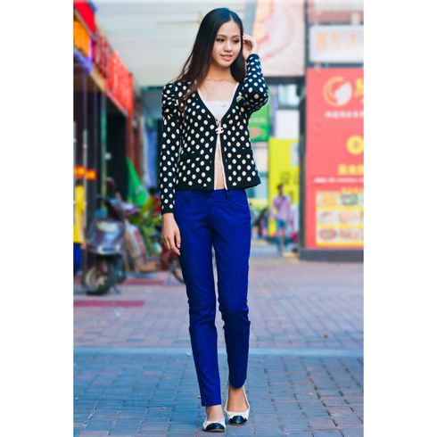 韓版甜美泡泡長袖波點(diǎn)V領(lǐng)針織小外套