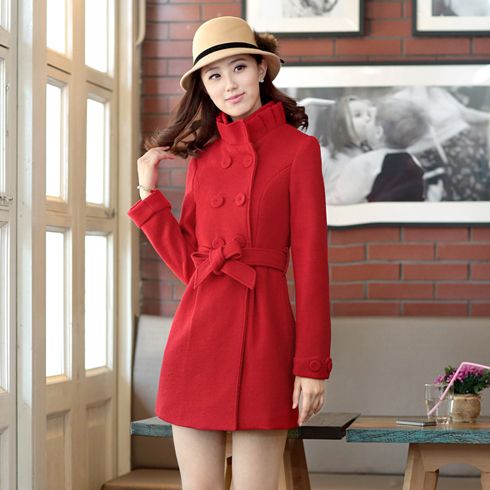 韓版百褶立領(lǐng)雙排扣長(zhǎng)袖大紅色毛呢外套