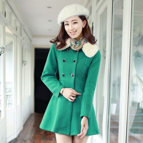韓版雙排扣外套翠綠色毛呢中款