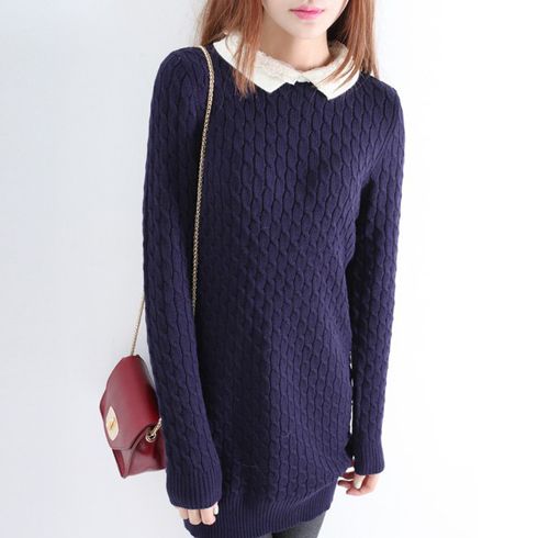 娃娃領蕾絲翻邊加厚中長款套頭針織毛衣