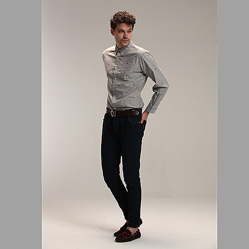 POLOJIANI休閑服裝-灰色白色英倫經(jīng)典修身長(zhǎng)袖襯衫