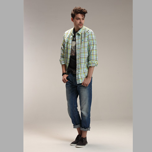 POLOJIANI休閑服裝-藍(lán)綠大格紋經(jīng)典商務(wù)休閑長袖襯衫