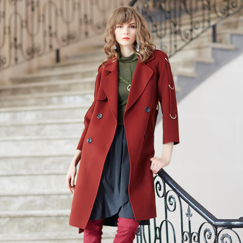 金蝶茜妮女裝-酒紅色中長(zhǎng)款大衣外套