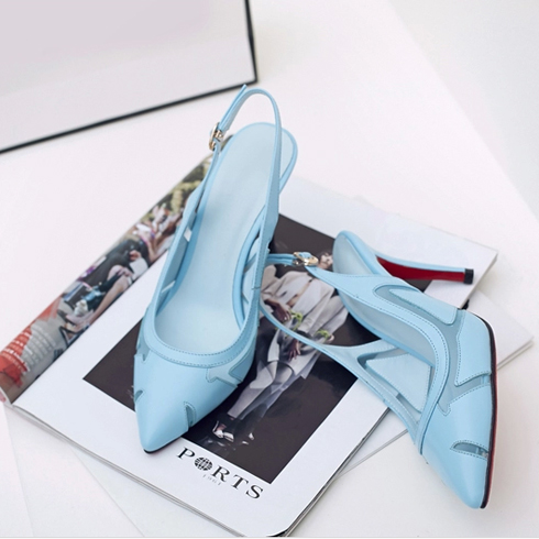 比愛靚點女鞋-藍(lán)色薄紗細(xì)中跟鞋