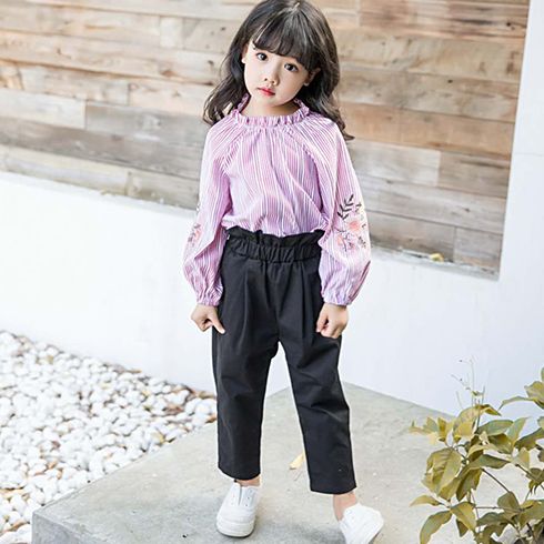 巴布兔韓派童裝-長袖圓領(lǐng)條紋刺繡襯衣