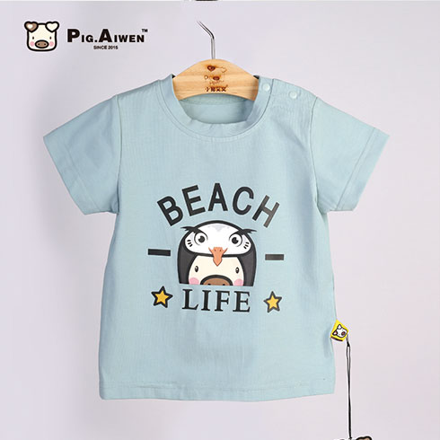 小豬艾文童裝-夏季藍(lán)色肩開短袖