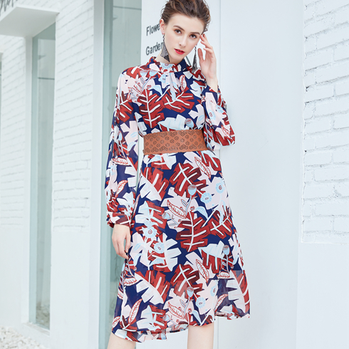 金蝶妮-印花長袖收腰連衣裙