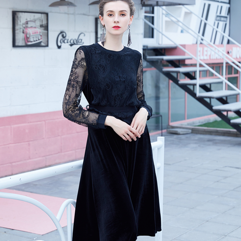 金蝶妮-長袖蕾絲A字連衣裙